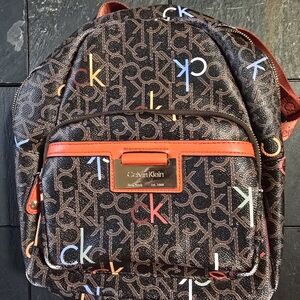 Calvin Klein Backpack Bag Brown Multi-Color Faux Leather Gold Logo
